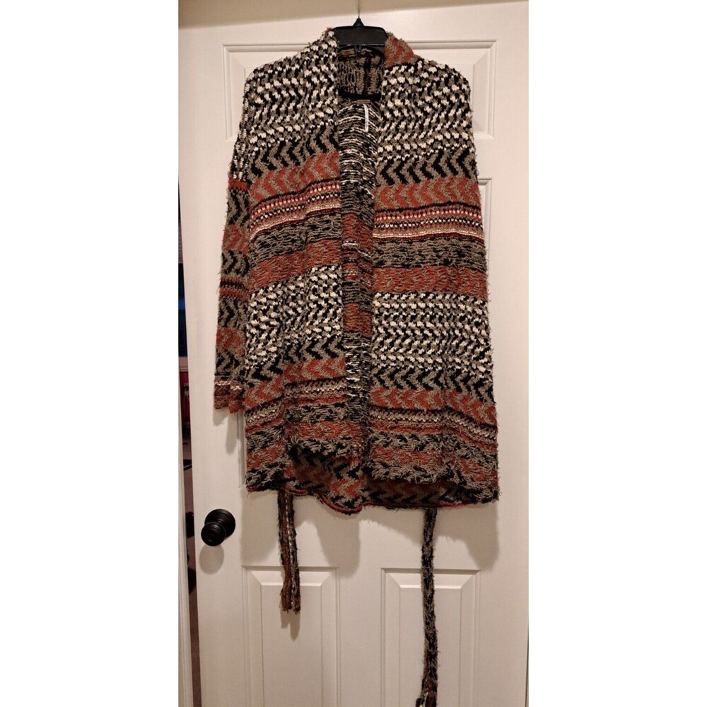 Free People Lona Cardigan Black/Grey/Red Shaggy Knit Duster Sweater w Sash Sz XS